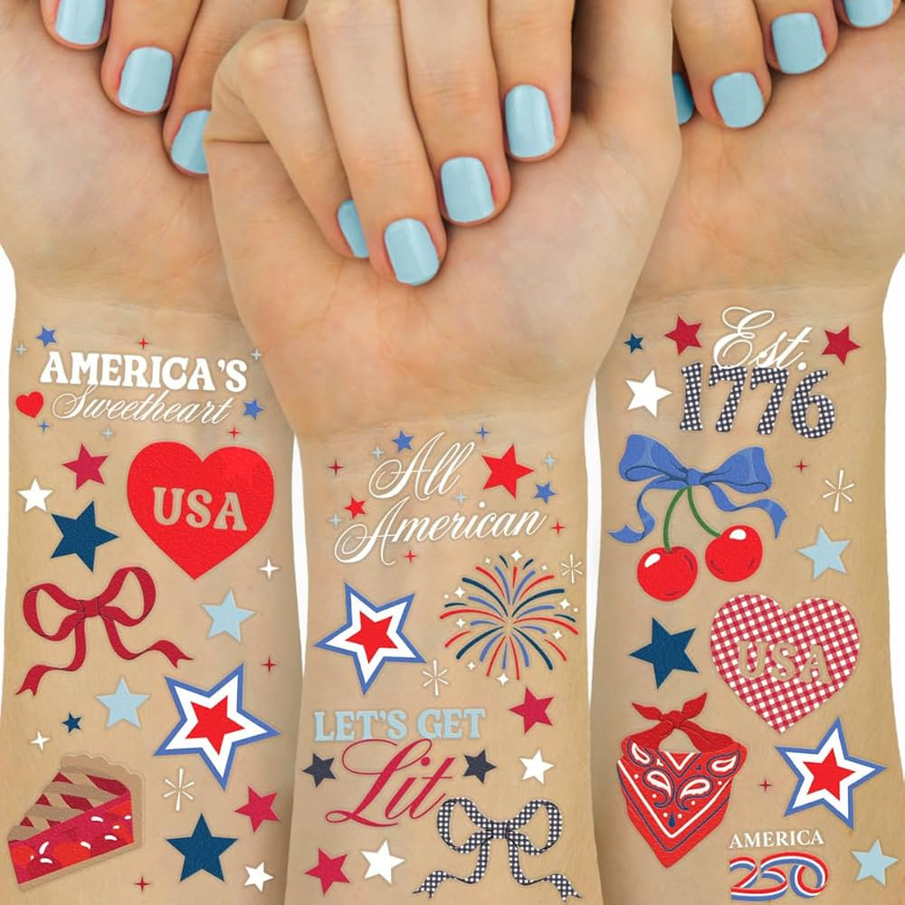 xo, Fetti America 250 Tattoos, 4th of July -60 Temporary Tattoos | USA, Red White Blue, Stars, Fi... | Amazon (US)