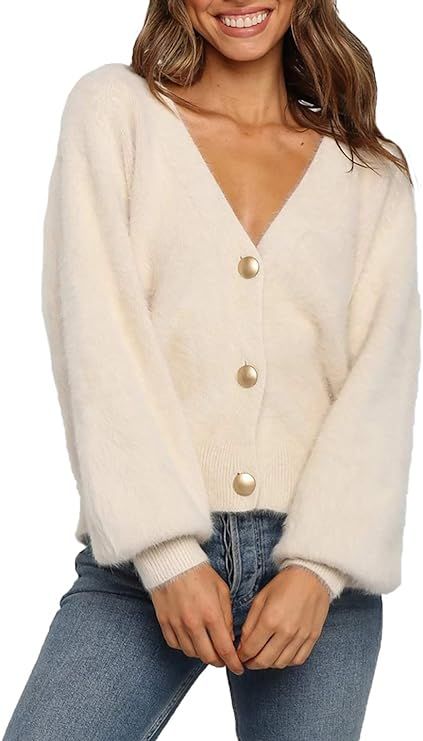 HZSONNE Women's Button Down Short Cardigan Sweater Soft Faux Fur Coat Fuzzy Knit Long Sleeve Casu... | Amazon (US)