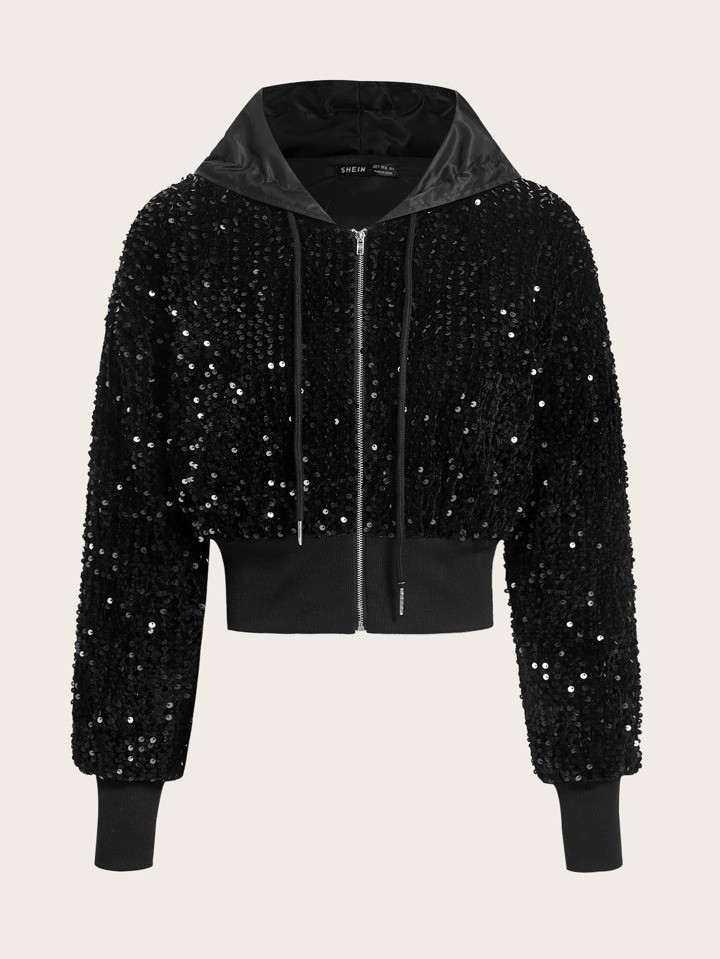 SHEIN Coolane Zip Up Drawstring Hooded Sequin Jacket | SHEIN