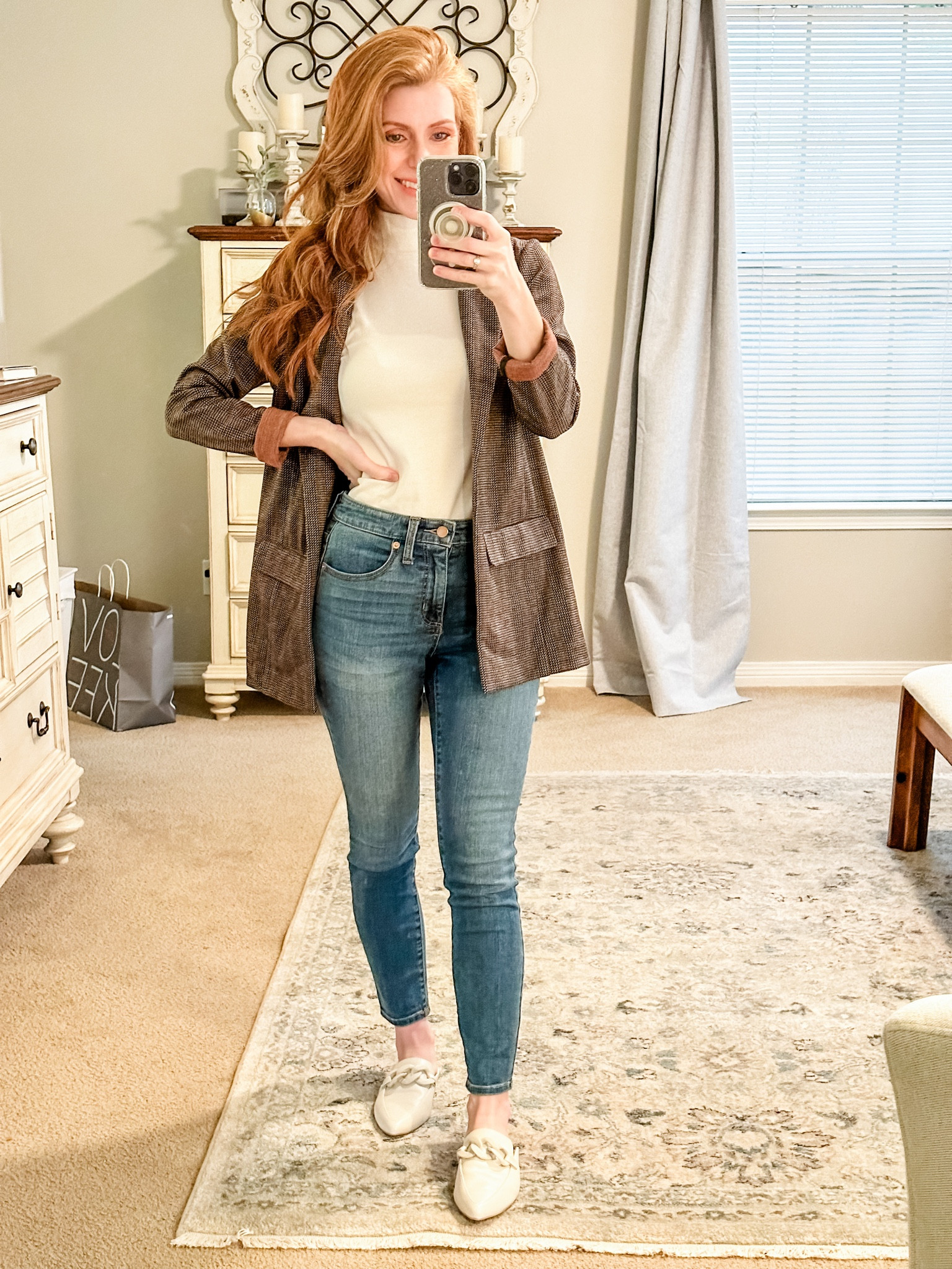 Plaid Boyfriend Blazer by Liverpool. High neck mock shell in whisper white by LOFT. Target high rise skinny jeans in medium wash blue and cream mules. 



#LTKstyletip #LTKSeasonal #LTKfindsunder100