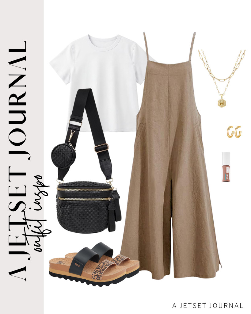 The next outfit is this brown jumpsuit with pockets paired with a white tee. These platform sandals from Reef and a crossbody bag go well with this look, too.

#LTKSeasonal #LTKSaleAlert #LTKTravel 

 
