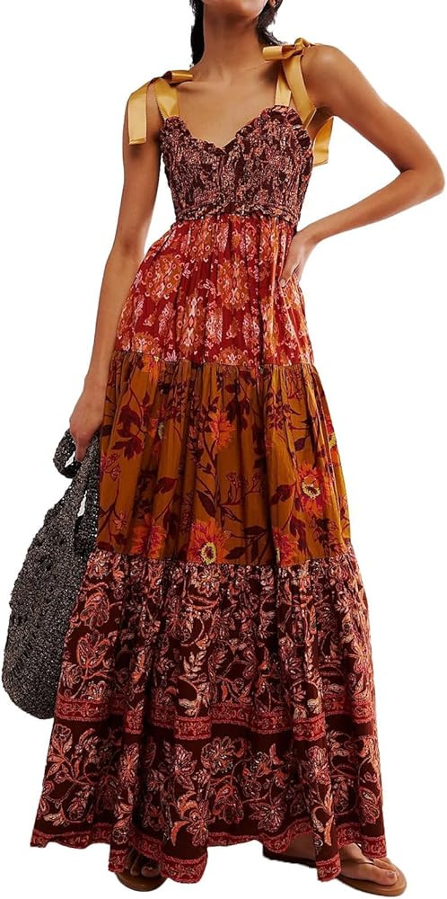 Women Floral Maxi Dress Tie Shoulder Patchwork Smocked Flowy Boho Dress with Pockets Summer Vacat... | Amazon (US)