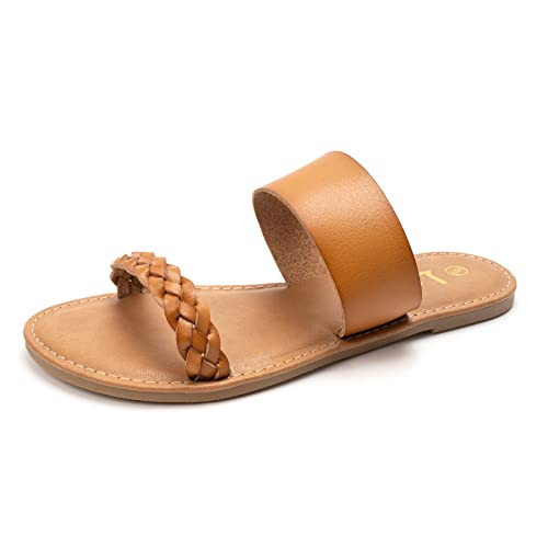 LM Women's Braided Slide Sandals Open Toe Two Strap Slip On Flat Sandals Casual Summer Shoes (6, Brown) | Amazon (US)