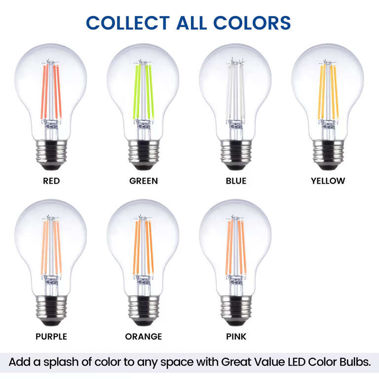 Great Value A19 LED 7W E26 Medium Base Decorative Red Light Bulbs, 2 Pack | Walmart (US)