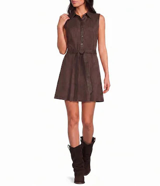 Skies Are Blue Faux Suede Collared Sleeveless Contrast Trim Belted Mini Dress -  M | Dillard's