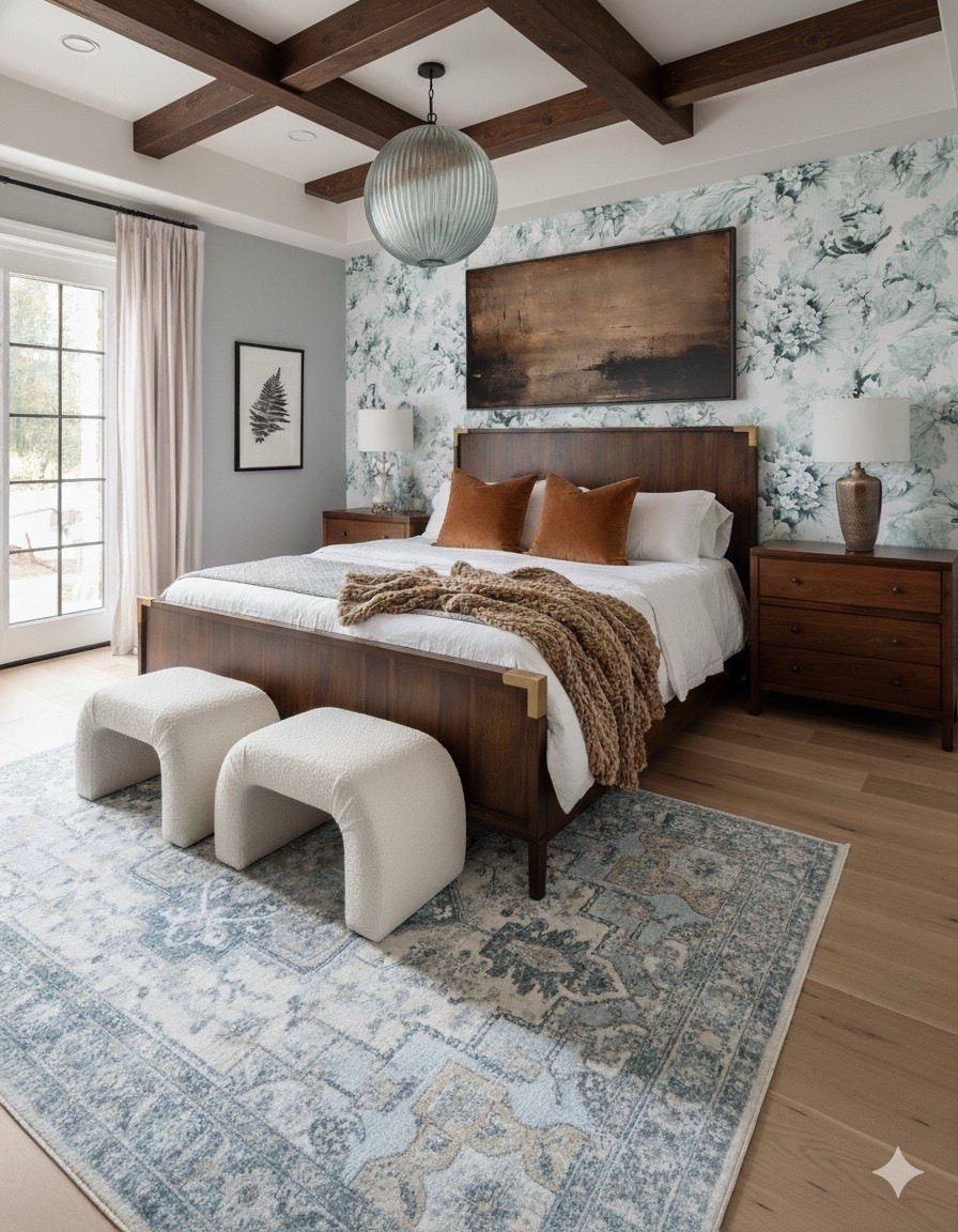 A fresh yet grounded bedroom design that perfectly balances softness and structure 
This space pairs warm walnut furniture with cool blue-green tones, creating a calm and elevated retreat. The floral statement wallpaper adds depth and gentle movement behind a modern wood bed with brass detailing, while caramel velvet pillows and a chunky knit throw bring cozy contrast.

The vintage-inspired blue area rug softly ties the palette together, echoing the ribbed glass pendant light above and the exposed oak ceiling beams that frame the room with warmth. Two ivory boucle stools at the foot of the bed complete the look — structured, textural, and effortlessly elegant. 


#LTKHome #LTKSaleAlert