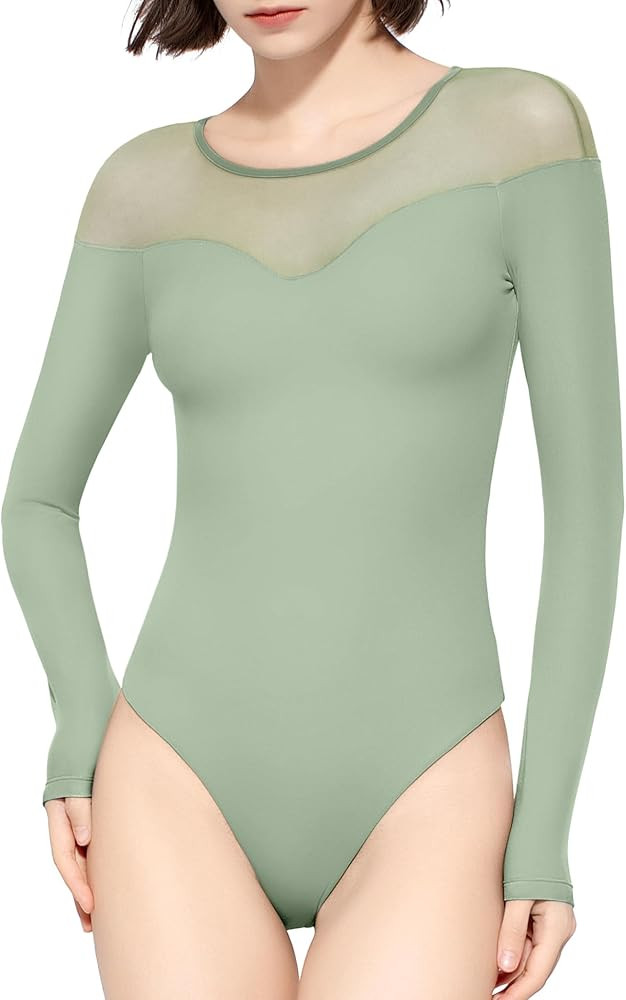 Mesh Bodysuit for Women Crew Neck Long Sleeve Body Suits Sexy Sheer Tops Smoke Cloud Collection | Amazon (US)