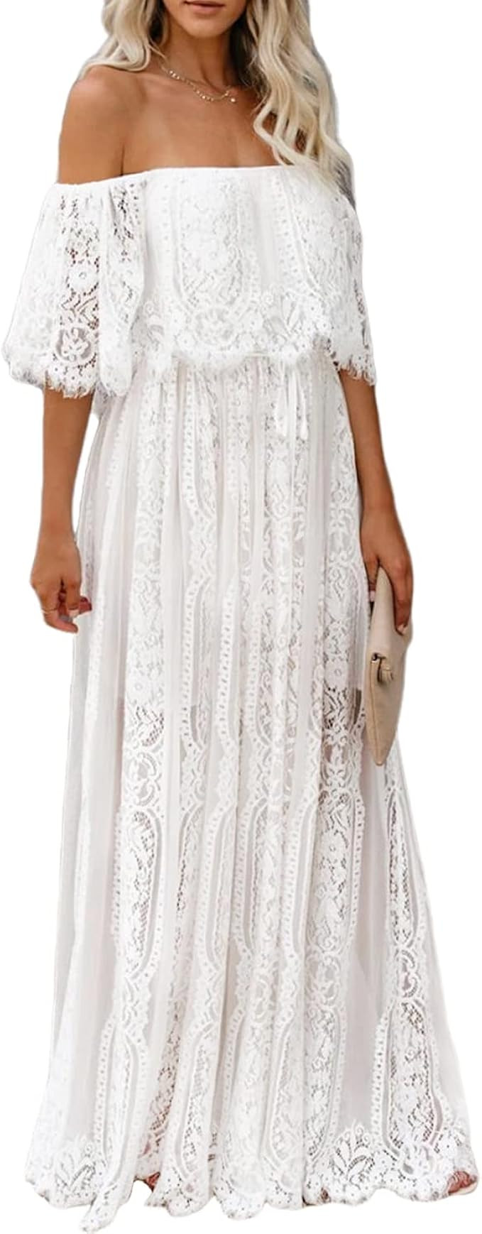 Amazon.com: MERMAID'S CLOSET Womens Off Shoulder Embroidered Lace Maxi Dress Boho White Wedding G... | Amazon (US)