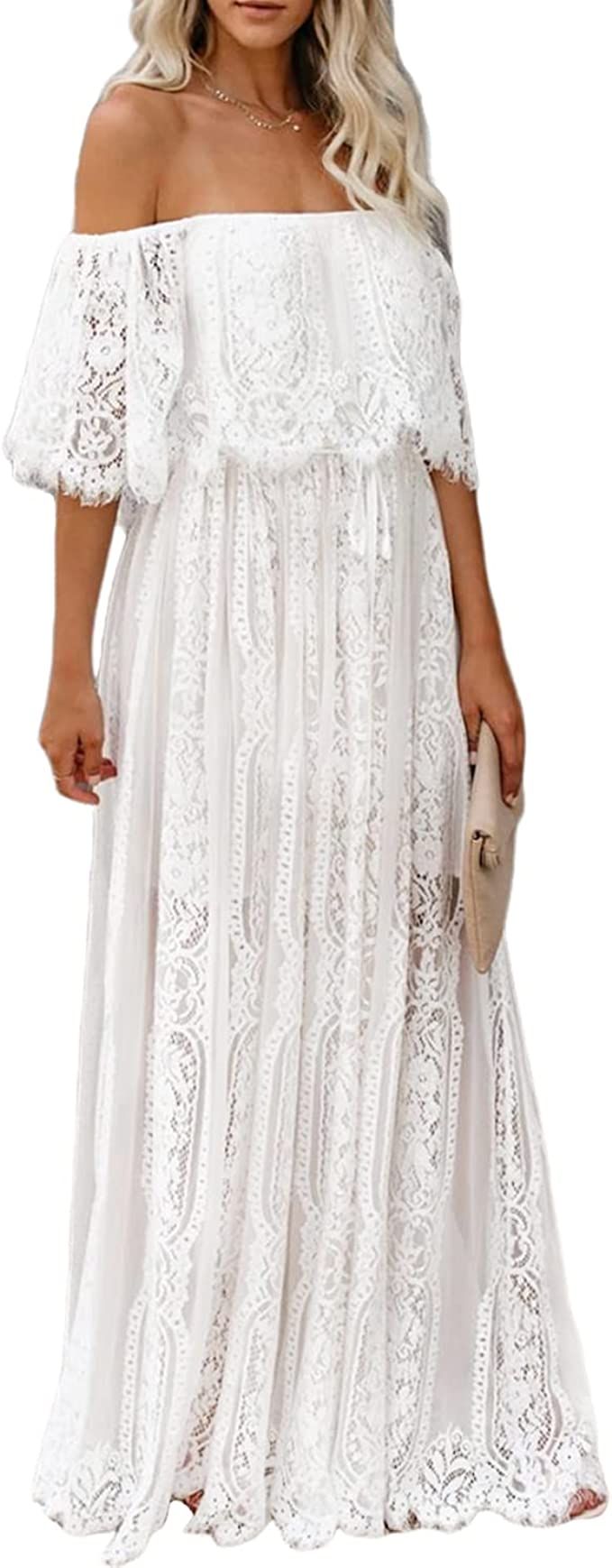 Amazon.com: MERMAID'S CLOSET Womens Off Shoulder Embroidered Lace Maxi Dress Boho White Wedding G... | Amazon (US)