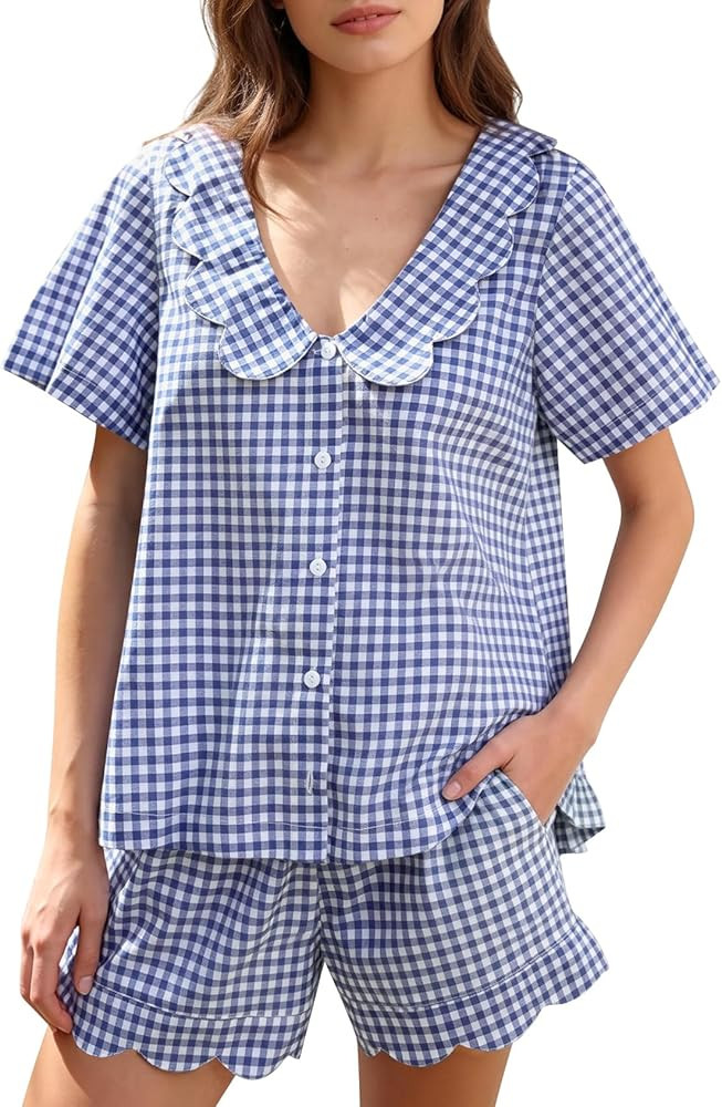 COZYPOIN Womens Gingham Pajama Sets 2 Piece Cotton Plaid Lounge Set Scalloped Collar Button Down ... | Amazon (US)