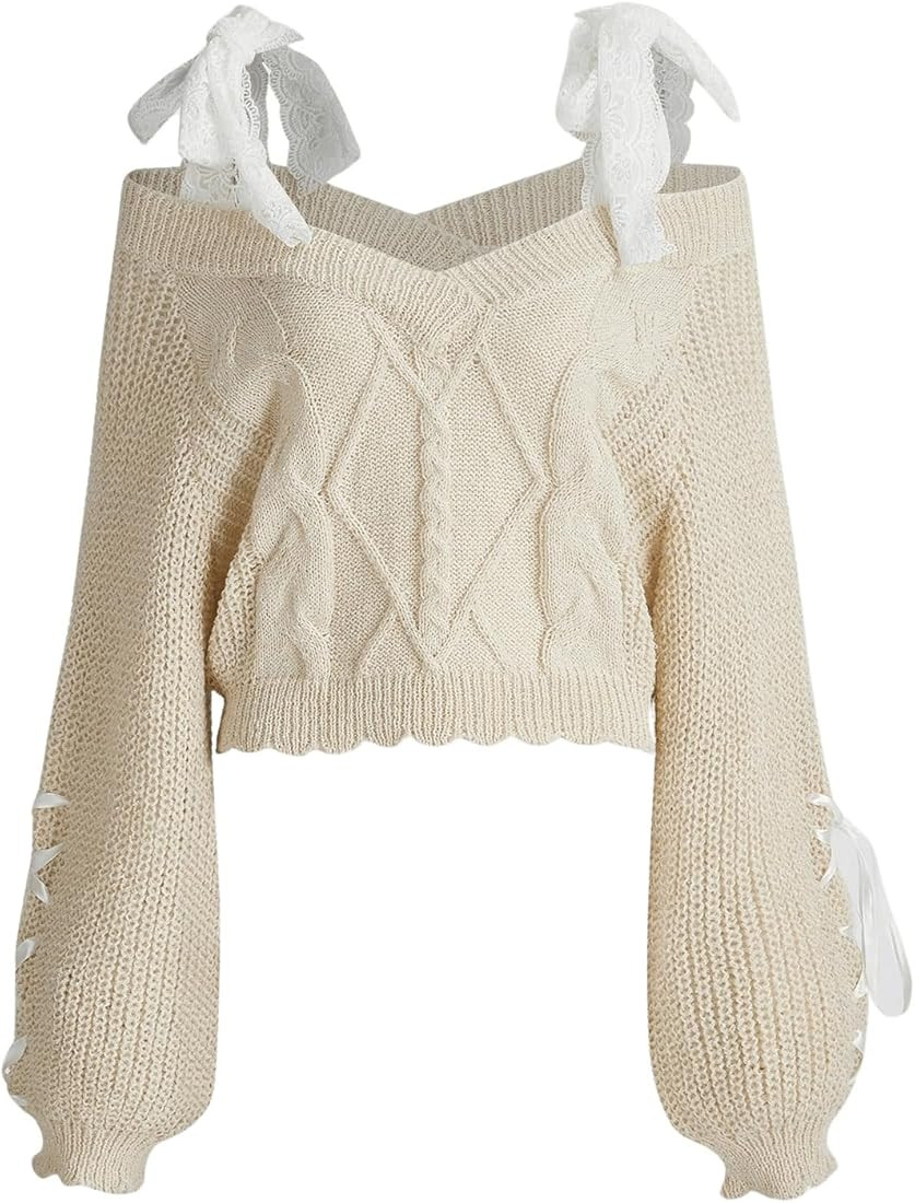 Women's Cold Shoulder Lace Up Sweater Lantern Long Sleeve Cable Knitted Pullover Sweater Top Lace... | Amazon (US)
