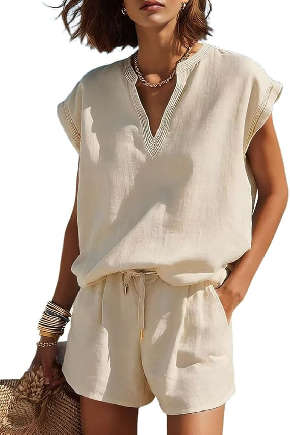 Amazon.com: Kinghua Two Piece Sets for Women 2026 Spring Summer Linen Boho V Neck Cap Sleeve Tops and Drawstring Waist Shorts Outfits (Beige, S) : Clothing, Shoes & Jewelry | Amazon (US)