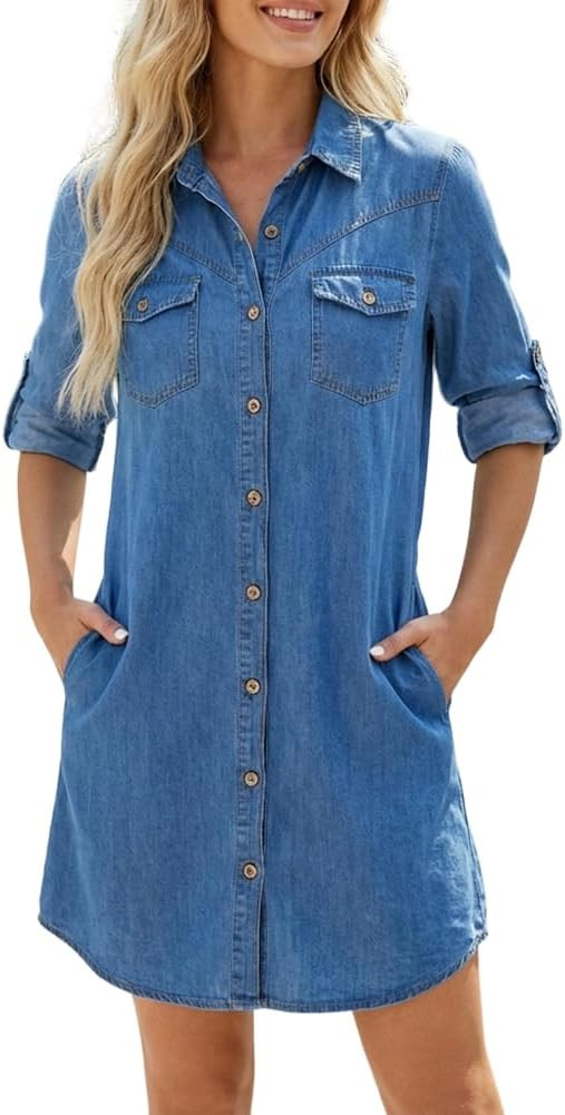 CHICME Womens Denim Shirt Dress Long Sleeve Button Down Jean Dress Casual Tunic Top with Pockets | Amazon (US)