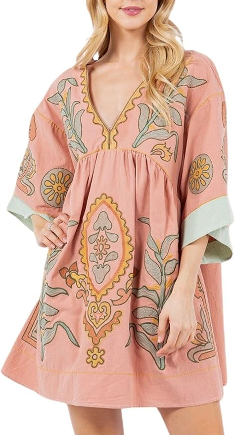 Womens Oversized Embroidered Dress with V-Neck and 3/4 Sleeves Vintage Embroidery Babydoll Dress | Amazon (US)