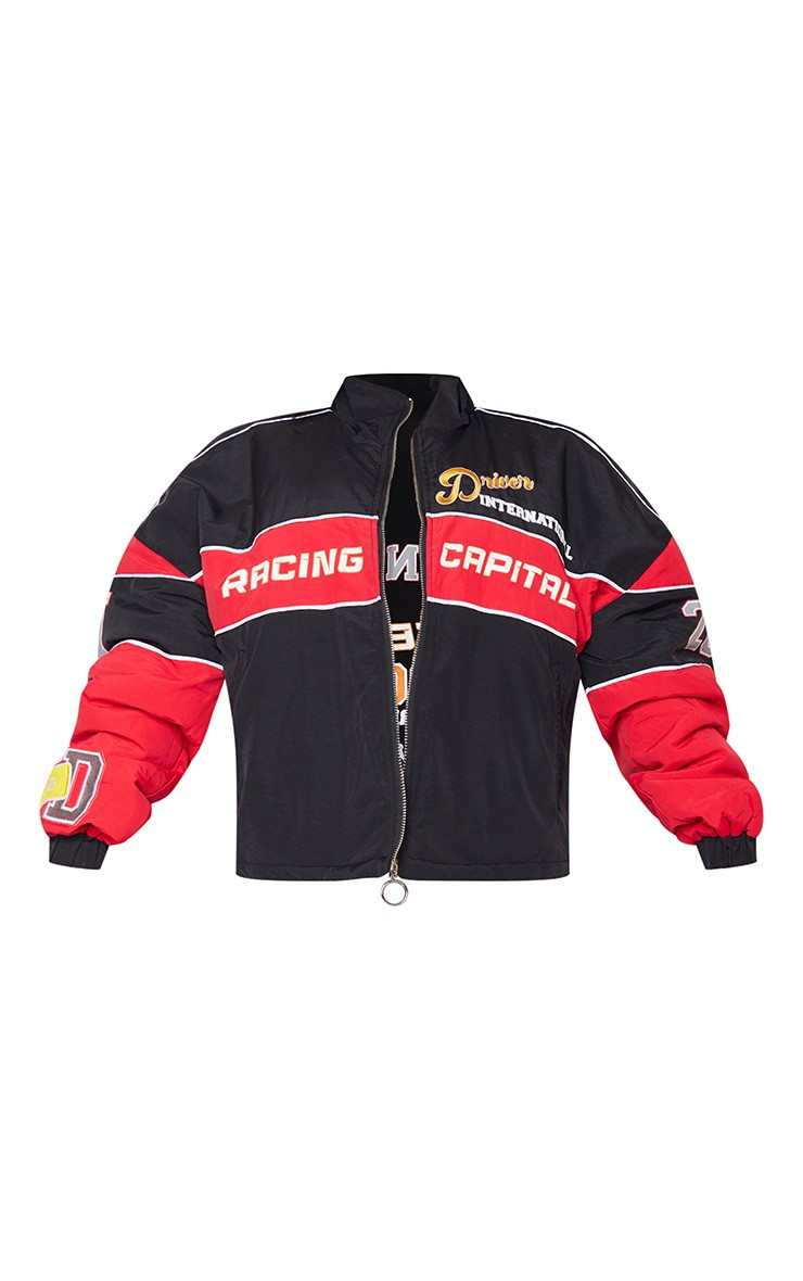 Petite Black Oversized Graphic Zipped Racer Bomber Jacket | PrettyLittleThing US