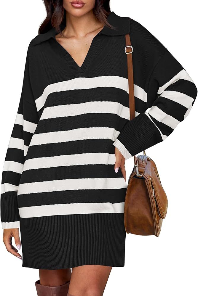 ZESICA Women's Striped Sweater Dress 2024 Fall Long Sleeve V Neck Collar Loose Knit Mini Dresses | Amazon (US)