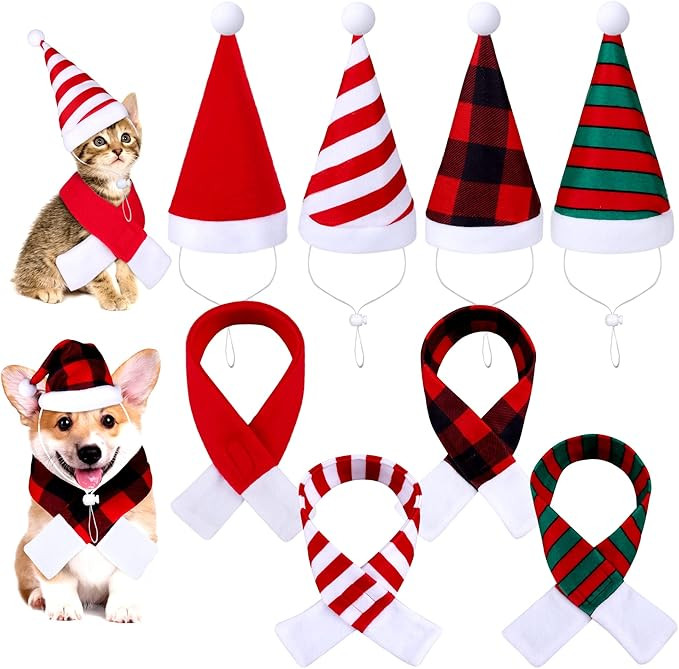 Pedgot 8 Pieces Pet Christmas Hat Scarf Set Adjustable Winter Pet Cat Dog Santa Hat and Scarf Chr... | Amazon (US)
