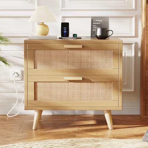 Rovaurx Rattan Nightstand with 2 Drawers, 23.6" Wide Bedside Table with Charging Station, End Table for Bedroom, Boho Night Stand with Solid Wood Legs for Bedroom, Modern Natural Oak RCTG111ME | Amazon (US)