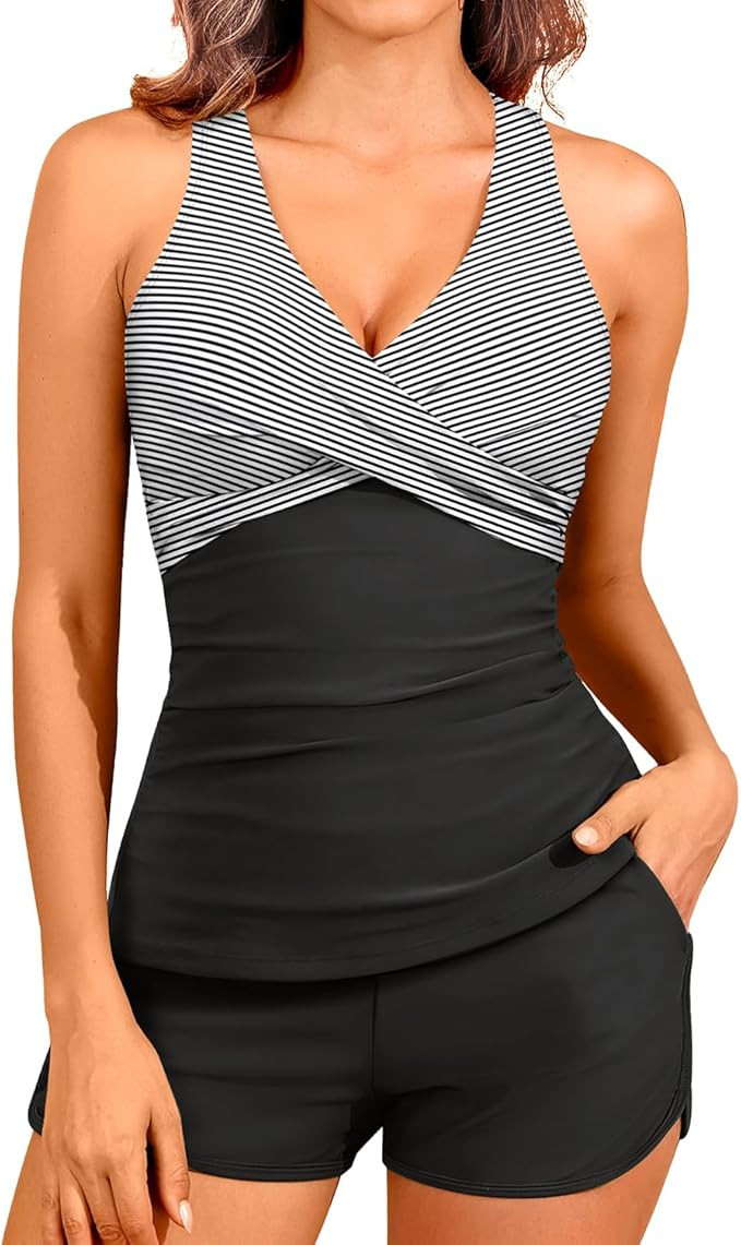 Women Tankini Swimsuits with Shorts - Two Piece Tummy Control Bathing Suits Top with Two Pockets ... | Amazon (US)