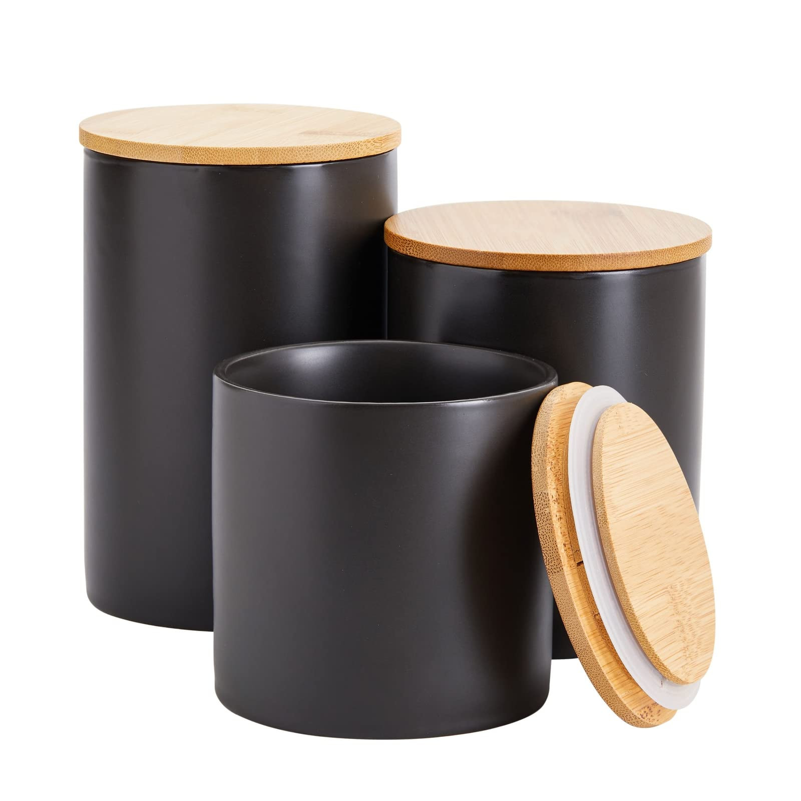 Farmlyn Creek Set of 3 Matte Black Kitchen Canister with Airtight Wooden Bamboo Lids, Kitchen Cou... | Amazon (US)