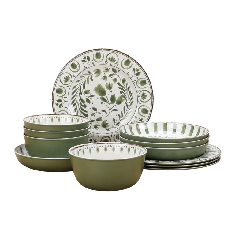 Better Homes & Gardens 12-Piece Bamboo Melamine Dinnerware Set, Green | Walmart (US)