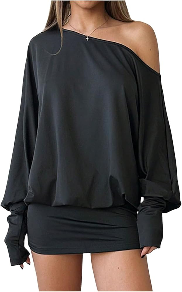 SOLY HUX Women's Long Sleeve Off The Shoulder Dress Y2k Mini Dress Streetwear Music Festival Outfits | Amazon (US)