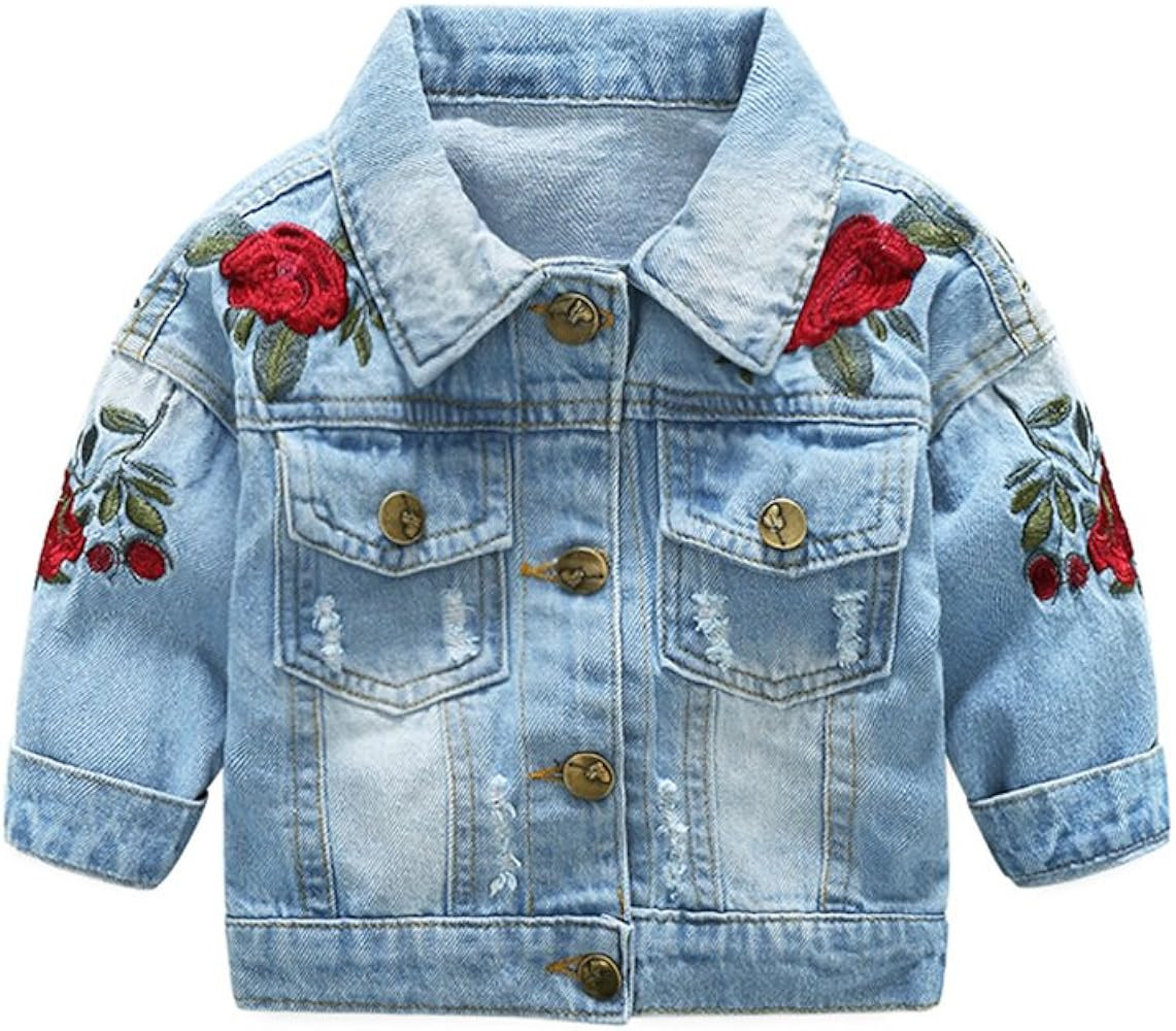Baby Girls' Rose Embroidery Button Down Jeans Jacket Top | Amazon (US)