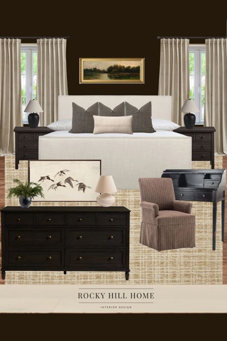 Bedroom Design Board, ivory upholstered bed, Chris loves Julia rug, pottery barn bedroom furniture, small desk, over the bed landscape art, black lamp, bright yet moody 

#LTKsalealert #LTKstyletip #LTKhome