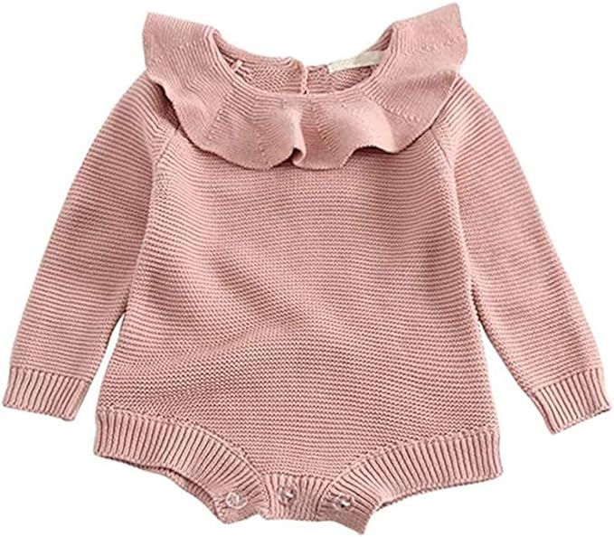 GObabyGO Baby Girls Sweet Knitted Fleece Romper Long Sleeve Ruffle Jumpsuit Sweater Dress | Amazon (US)