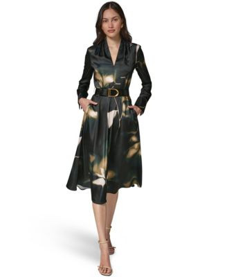 Donna Karan New York Women's Long-Sleeve Printed Charmeuse A-Line Dress With Belt - Olive Brine Multi | Macy's
