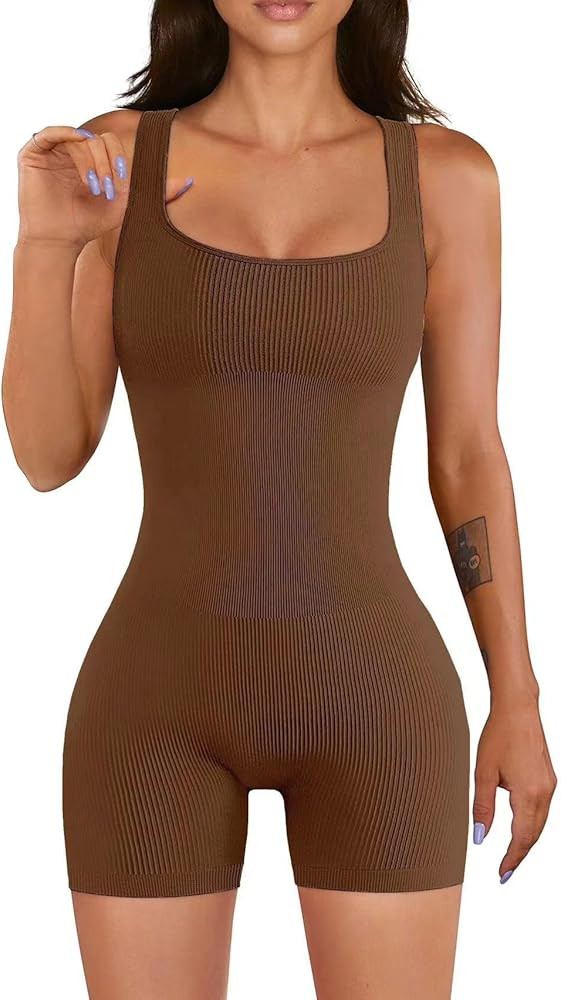 Women's Ribbed Seamless Athletic Square Neck Workout Tank Bodycon One Piece Romper | Amazon (US)