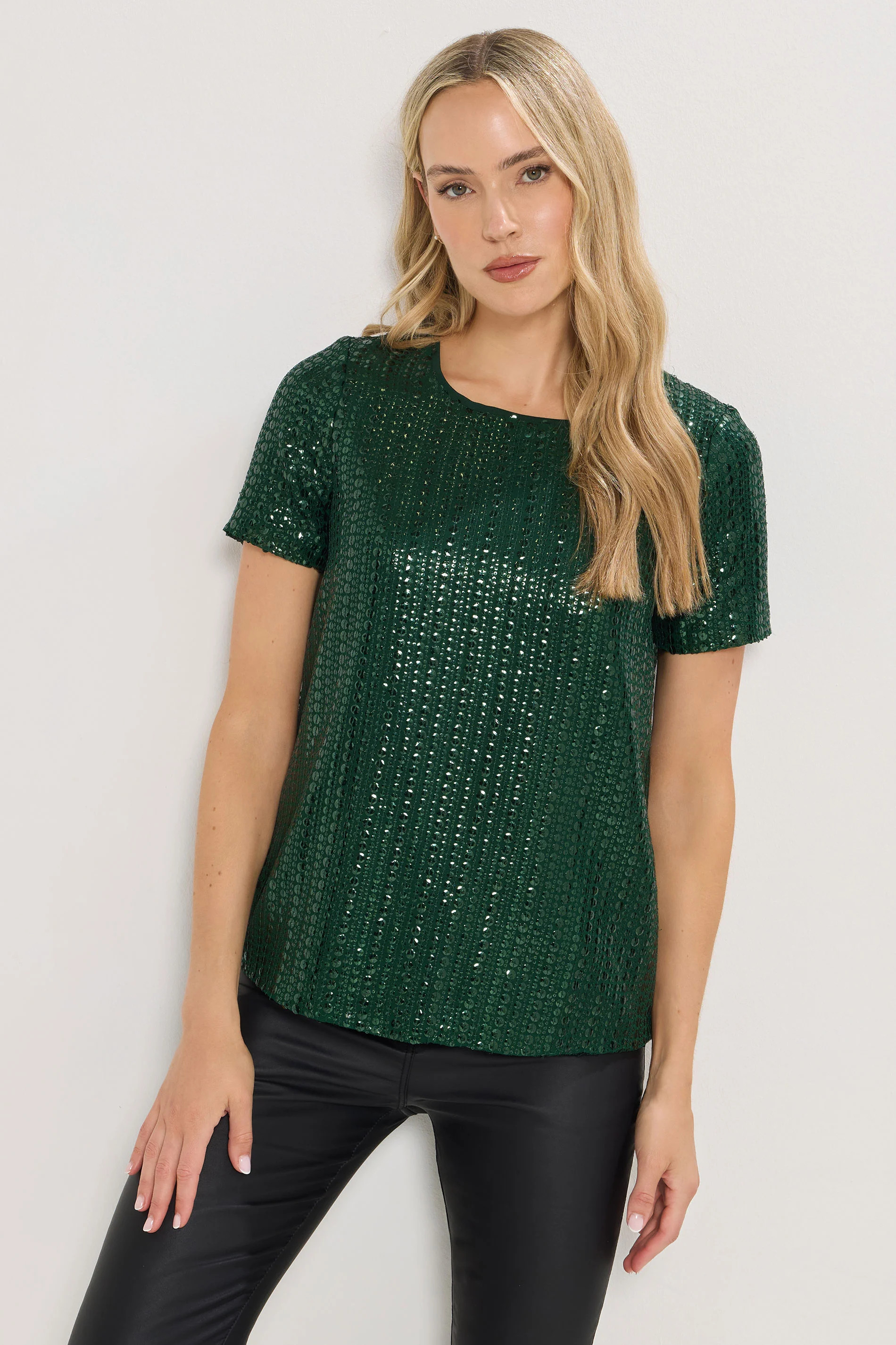 LTS Tall Green Crew Neck Sequin Top | Long Tall Sally