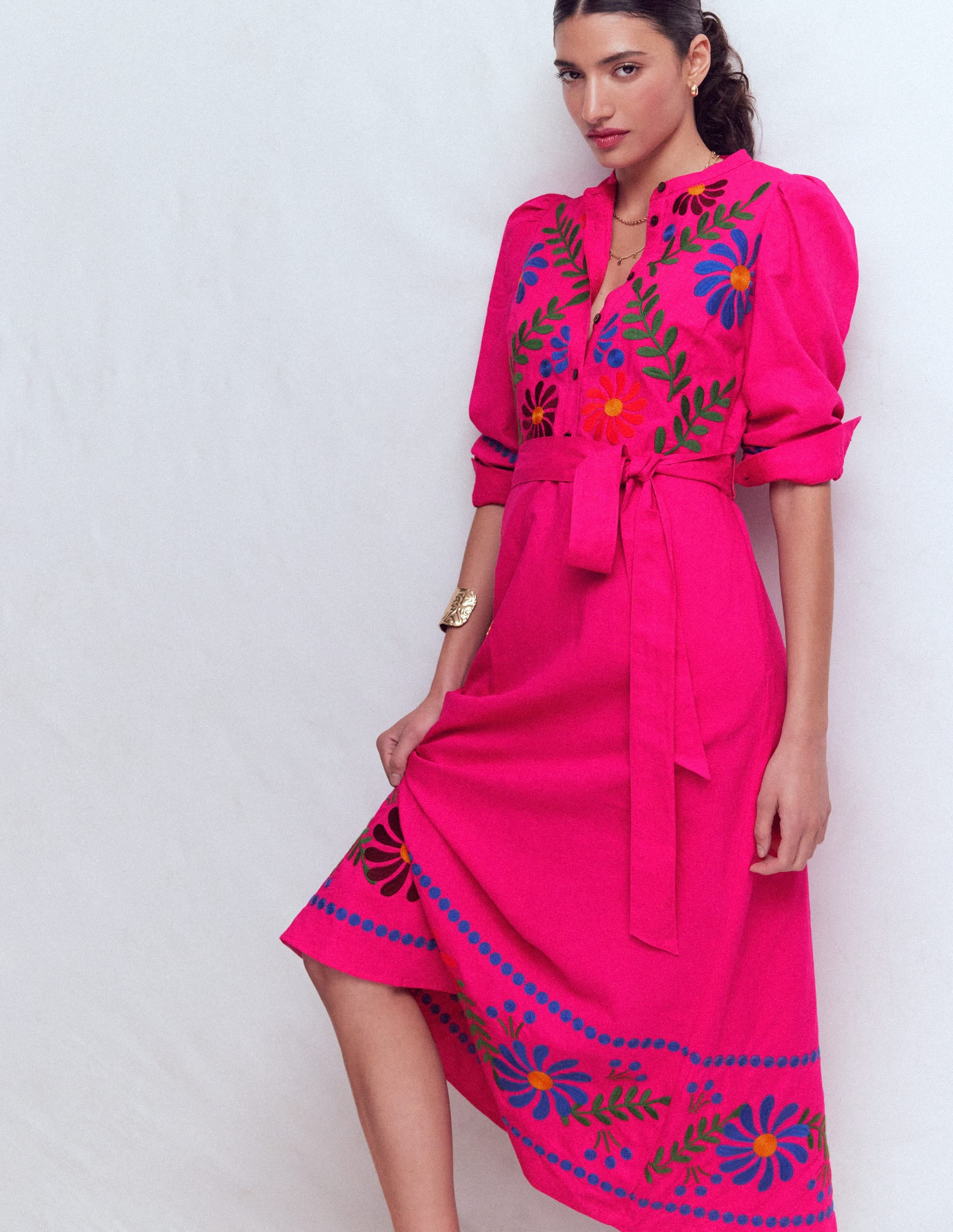 Ava Linen Blend Midi Dress-Blue Embroidery | Boden (US)