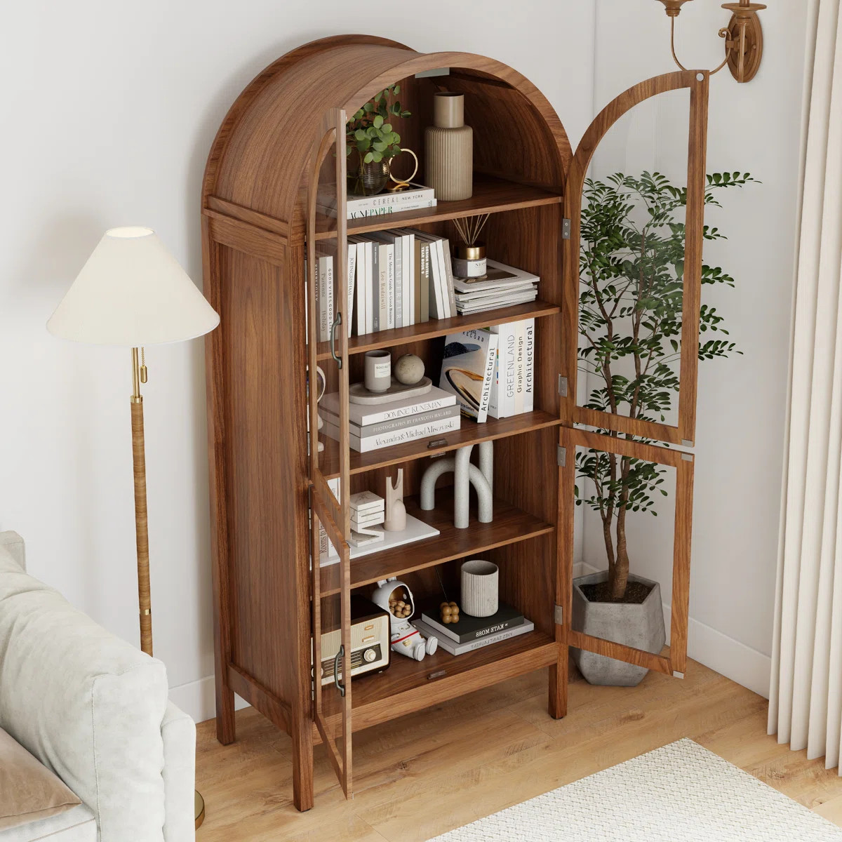 Arched Display Cabinet With Acrylic Glass Doors, Modern 5-tier Storage Bookcase For Living Room, ... | Wayfair North America