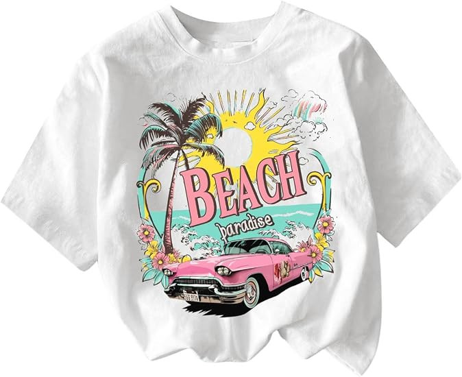 RoseSeek Girl's Graphic Print Tee Shirt Round Neck Short Sleeve T Shirts Summer Cute Trendy Tops | Amazon (US)
