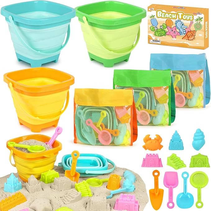Dreamon Beach Toys for Kids 3-10, Collapsible Sand Toys Include 3 Pack Foldable Buckets with Mesh... | Amazon (US)