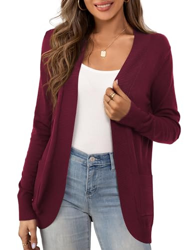 U.Vomade Women's Burgundy Cardigan for Women Open Front Long Sleeve Curved Hem Cardigan with Pocket L | Amazon (US)