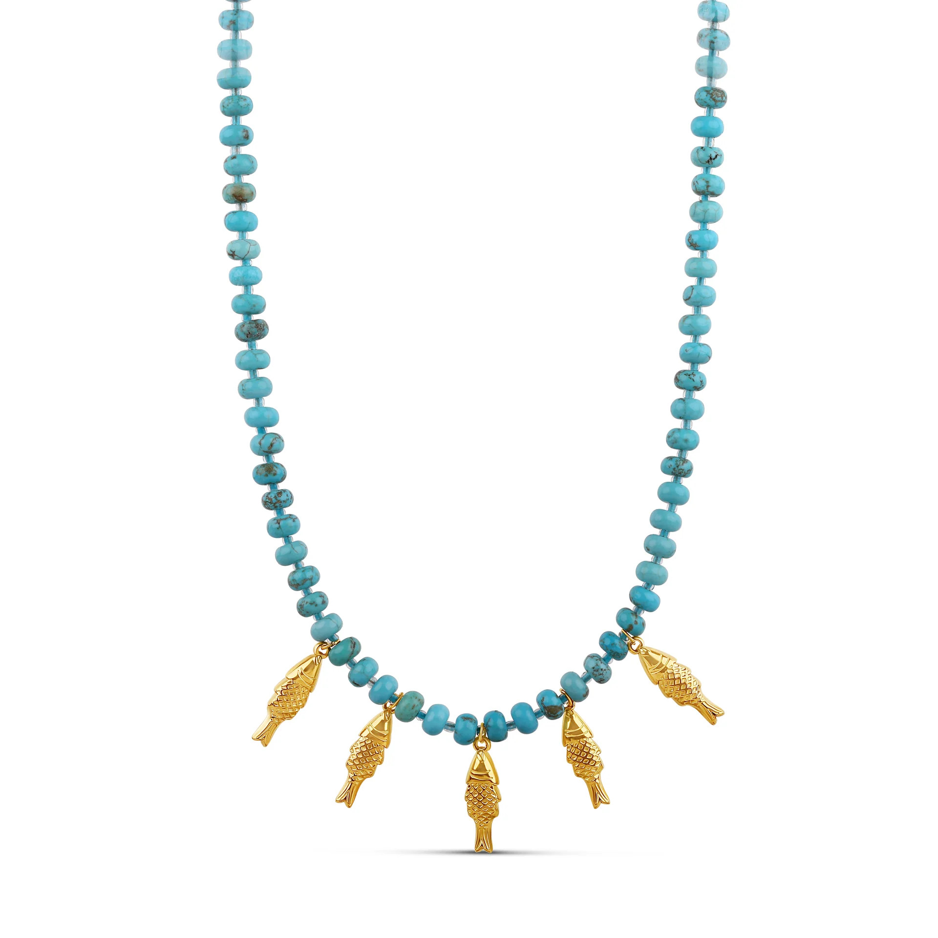 Genuine Turquoise Beaded Fish Charm Necklace - 16" Waterproof Stainles | Hannah B Jewelry