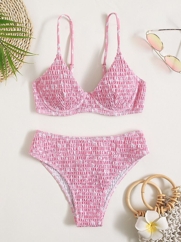 Ditsy Floral Print Smocked Underwire Bikini Swimsuit | SHEIN