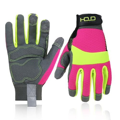 HANLANDY Womens Safety Work Gloves Hi-vis Reflective Pink, Anti Vibration Gloves, Breathable Mechanic Yard Work Gloves (Hi-vis Pink&Green, Large (Pack of 1)) | Amazon (US)