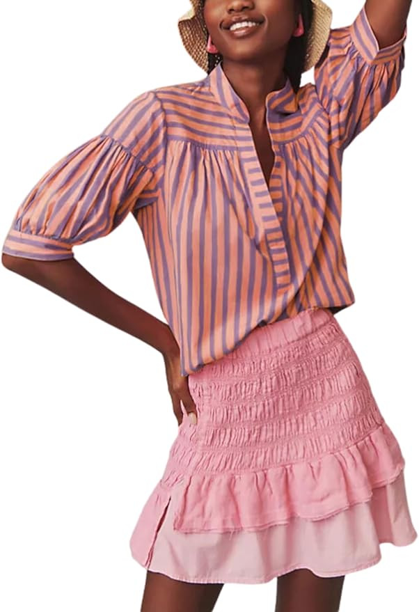 Womens Summer Pleated V Neck T Shirts Short Sleeve Casual Loose Blouses Striped Tunics Swing Top | Amazon (US)