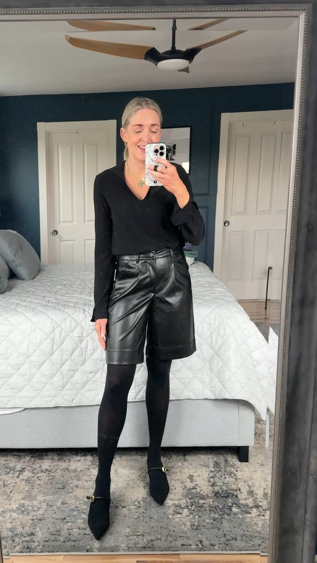 Date night outfit. Faux leather shorts from @NYDJ . True to size. 

Spring outfits 2026, monochrome outfit, fashion over 40, fashion over 50, spring outfits for women, date night outfit, edgy outfit 


#LTKOver40 #LTKgrwm #LTKootd