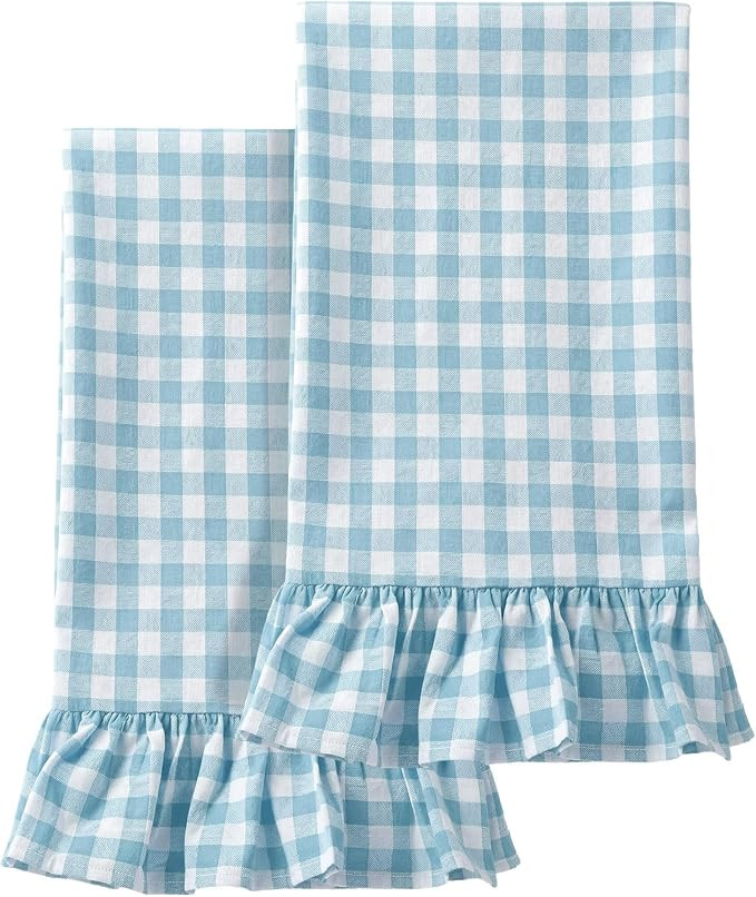 HunnmingRe 2 Pcs Light Blue Gingham Kitchen Towels Cotton Ruffled | Amazon (US)