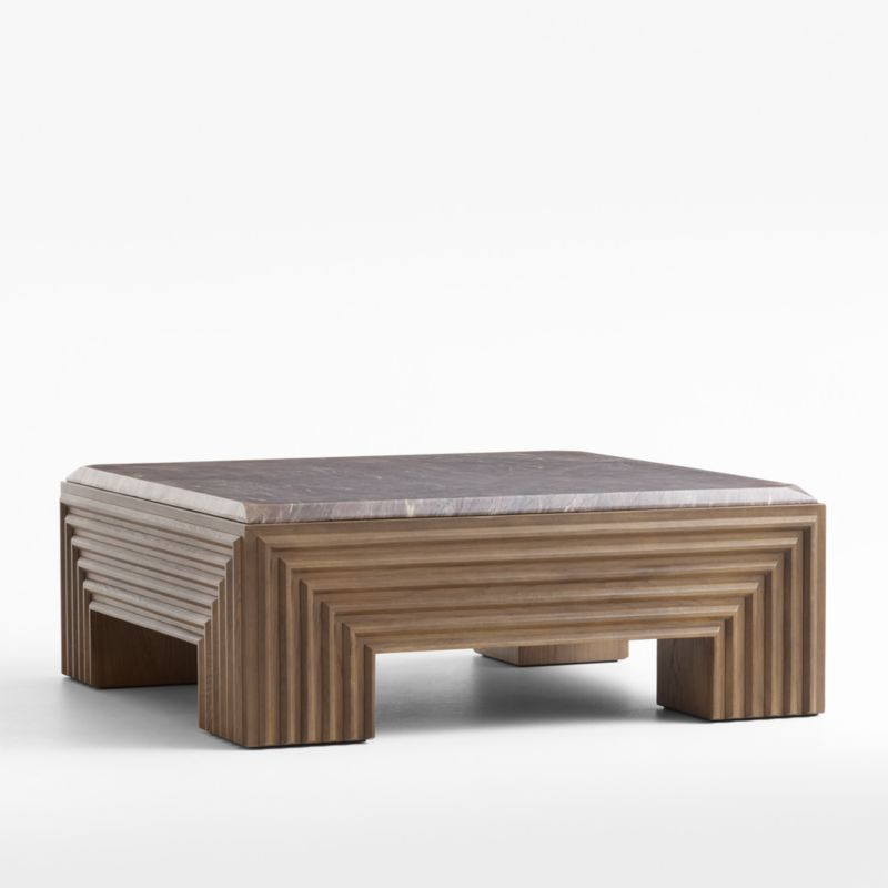 Whelford Brown Oak Wood and Marble 44" Square Coffee Table | Crate & Barrel
