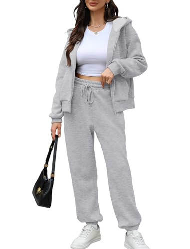Sweatsuits Women Two Piece Outfits Fleece Lounge Sets Zip Up Hoodie Sets Matching Sets Women Clothing Casual Track Suits Fashion Jogger Sweat pant Sets Grey L | Amazon (US)