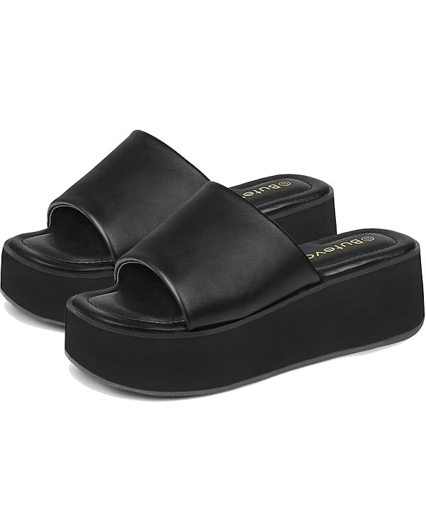 Chunky Platform Sandals for Women - Comfort Black Open Toe Slip on Platform Slides Y2K Wedge Sand... | Amazon (US)