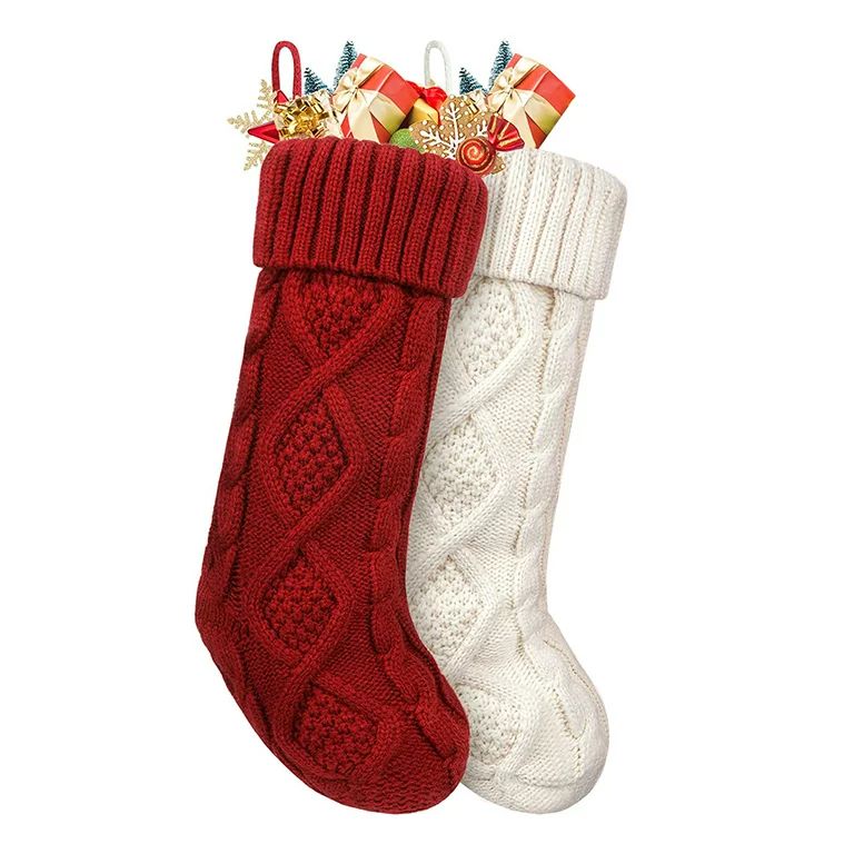 Christmas Stockings Large Knitted Stocking Ivory White Burgundy Solid Color 18'' 2 Pack for Famil... | Walmart (US)