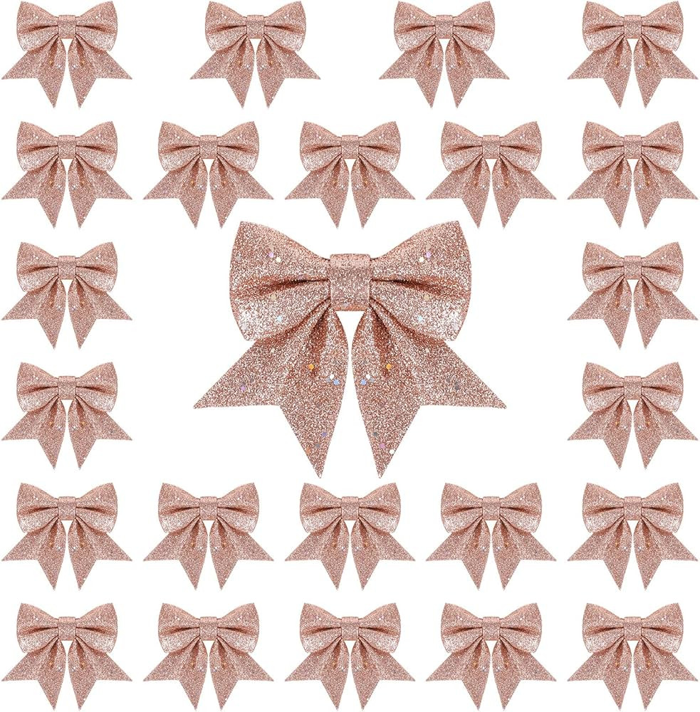 Whaline 24pcs 5.5'' Christmas Bow Decorations, Rose Gold Wreaths Bows, Small Christmas Tree Bow S... | Amazon (US)