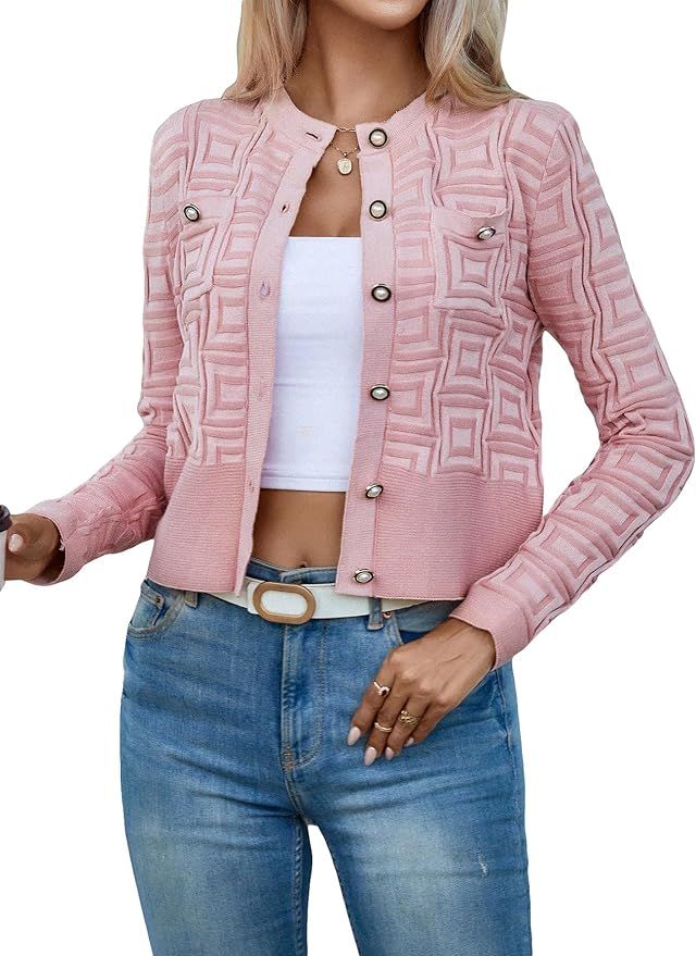 SweatyRocks Women's Casual Round Neck Long Sleeve Cardigan Graphic Print Button Down Knit Sweater... | Amazon (US)