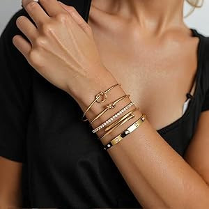 18 K Gold Plated Love Bangle Bracelet Stack Cuff Jewelry for Women Jewelry Set for Women Gift wit... | Amazon (US)